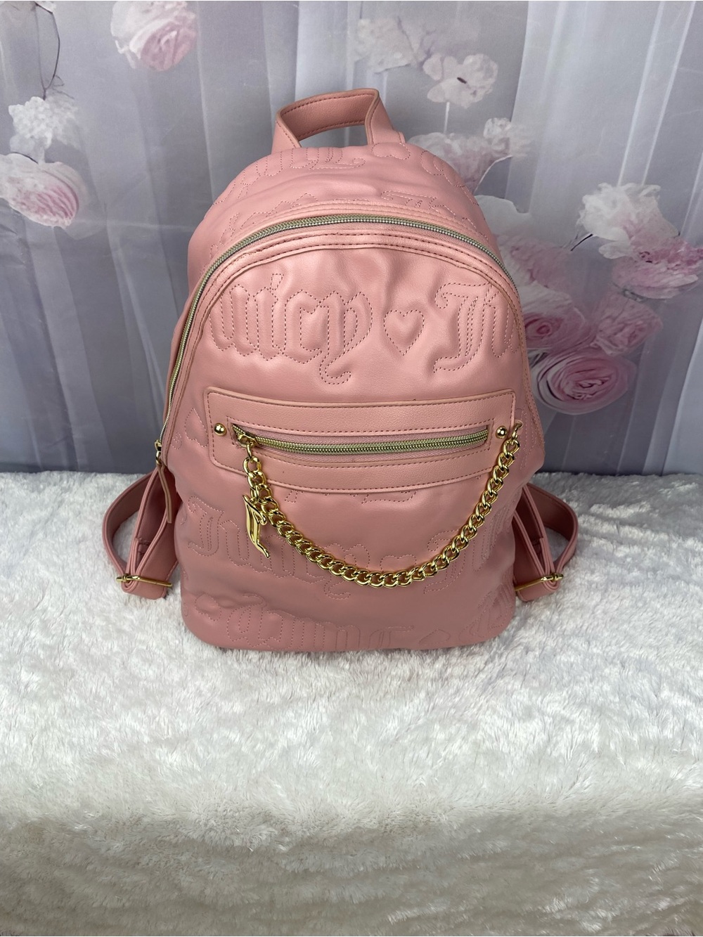 Juicy Couture Blush Quilted Logo Backpack with Gold Chain Accent